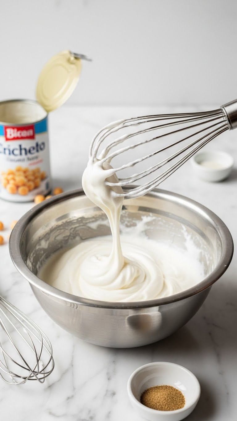 Creamy, White Whipped Aquafaba Being Whisked In A Stainless Steel Bowl On A Marble Counter, Perfect Vegan Egg White Substitute.