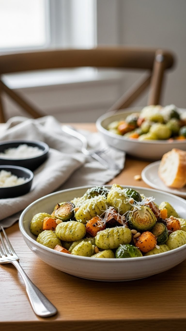 Creamy Winter Pesto Gnocchi With Soft Potato Dumplings, Roasted Vegetables, And Pine Nuts In Rustic Ceramic Bowl