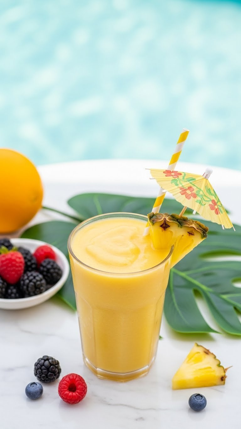 Creamy Yellow-Orange Tropical Smoothie With Pineapple Wedge Garnish On White Marble Table In Vibrant Setting.