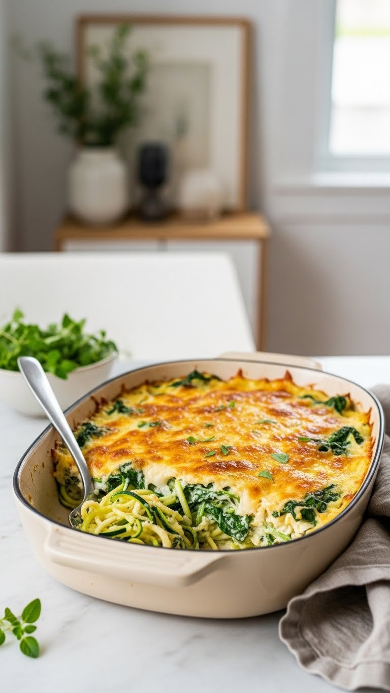 Creamy Zucchini Noodle Casserole With Spinach And Melted Cheese In A Baking Dish On Marble Countertop With Oregano Garnish