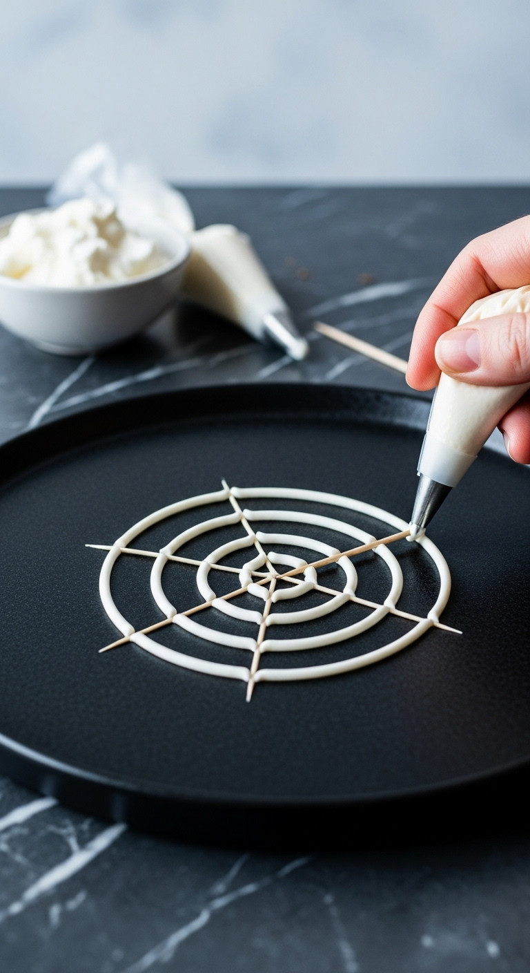 Creating A Delicate White Cream Cheese Spiderweb On A Dark Marble Surface With A Piping Bag And Toothpick. Halloween Food Art.