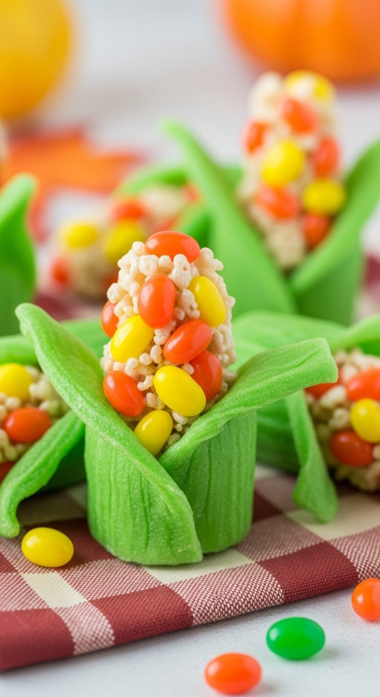 Creative Rice Krispie Treats Shaped Like Corn Cobs With Jelly Bean Kernels And Fruit Roll-Up Husks On A Plaid Napkin.