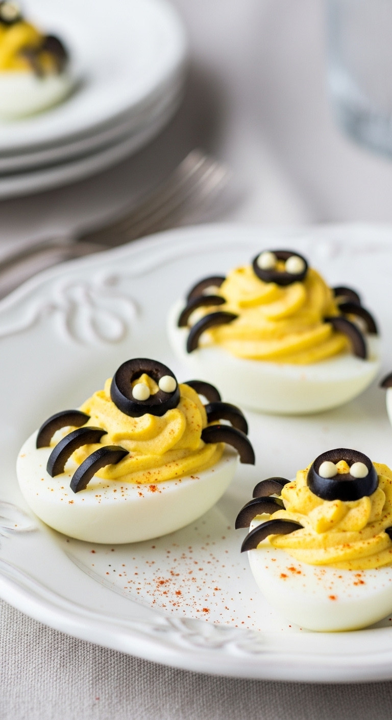 Creative Deviled Eggs Garnished As Spiders With Black Olives On A White Platter. Elegant Halloween Party Appetizer Recipe Idea.