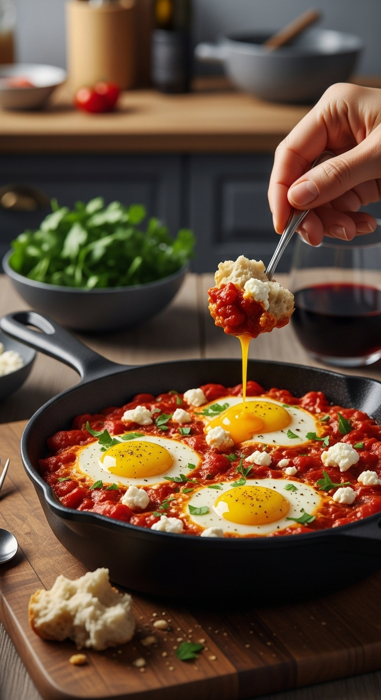 Creative Egg-Based Dinner Shakshuka With Poached Eggs Tomato Sauce Feta And Parsley In A Cast Iron Skillet With Bread And Wine
