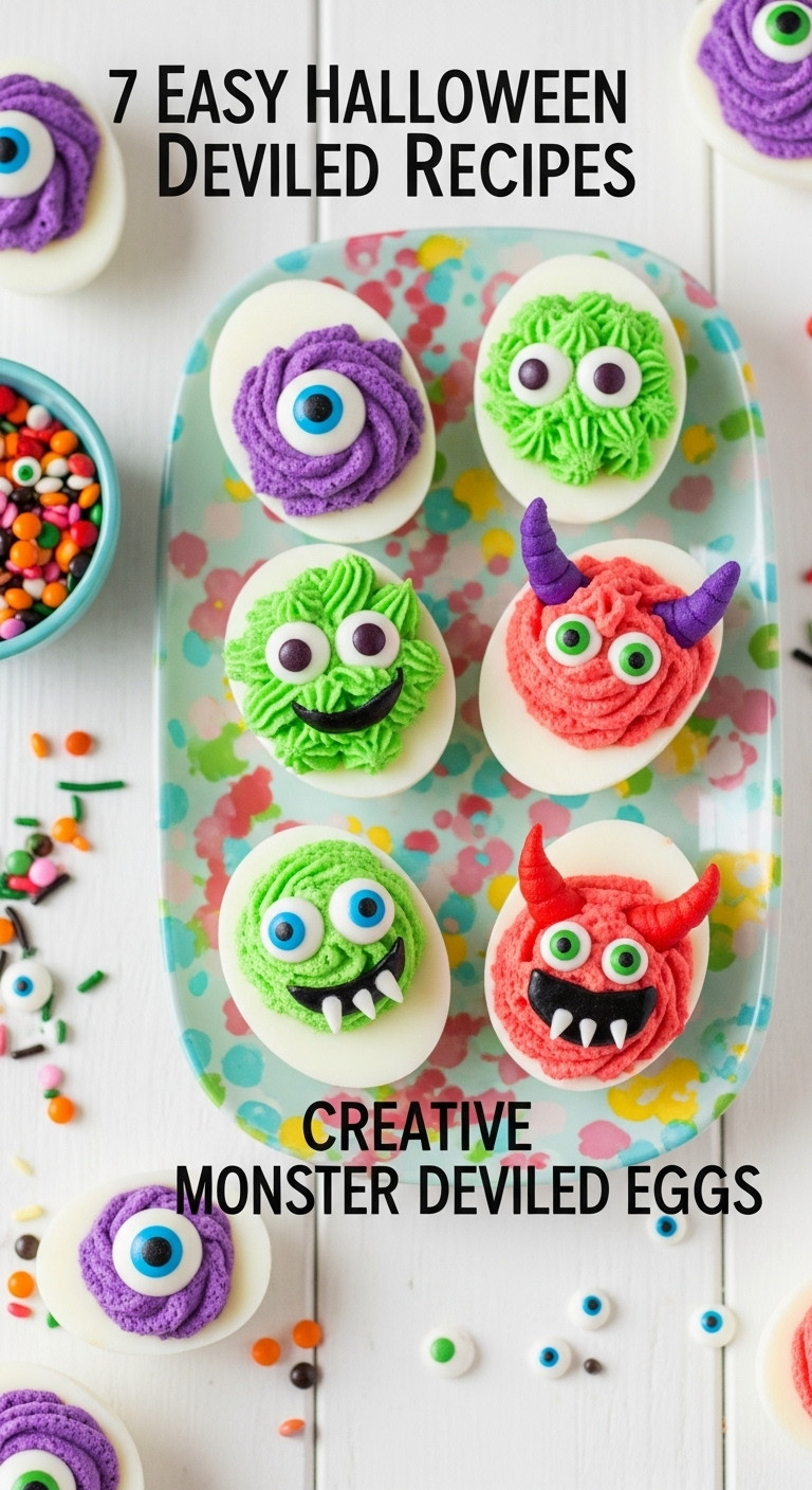 Creative Monster Deviled Eggs With Purple Green Red Filling Candy Eyeballs And Pimento Horns On A Colorful Platter