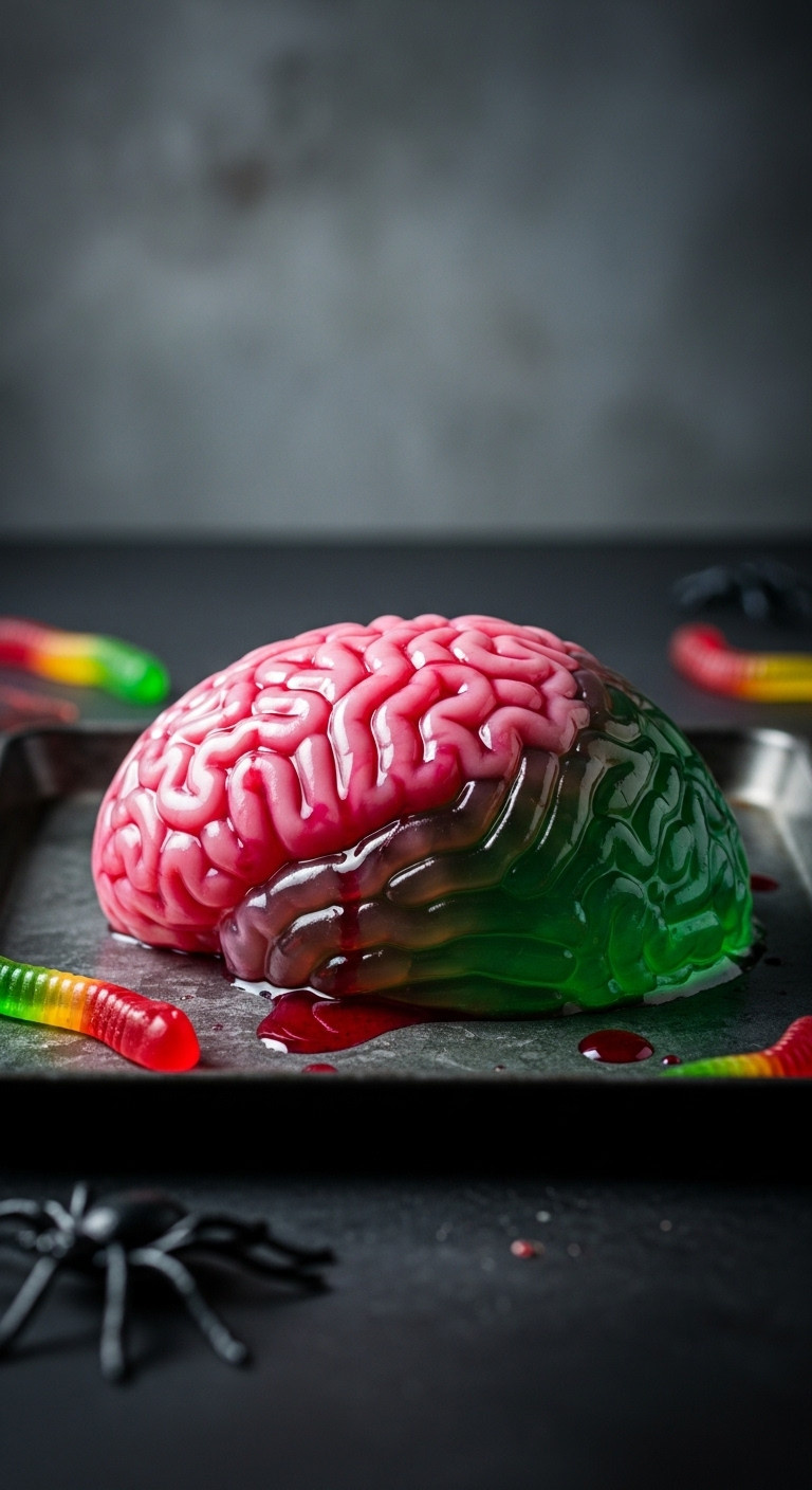 Creepy Brain Jell-O Mold: Vibrant, Wobbly, Pink/Green Gelatin With Realistic Crevices On A Dark Tray. Perfect Eerie Halloween Food.