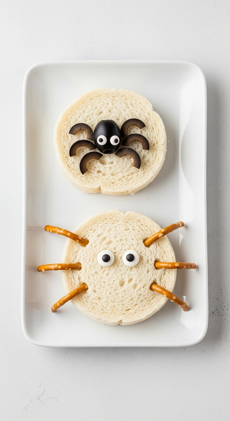 Creepy Crawly Spider Sandwiches With Black Olive And Pretzel Stick Legs And Candy Eyes