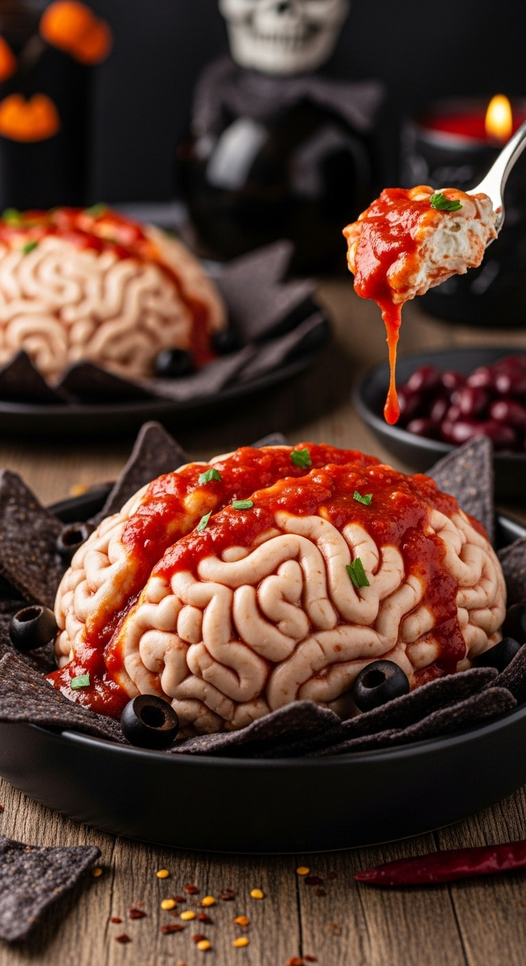 Creepy Halloween Brain Dip: Cream Cheese &Amp; Bean, Shaped Like A Brain, With 'Bloody' Salsa, Black Chips, Olives. Mexican Party Appetizer.