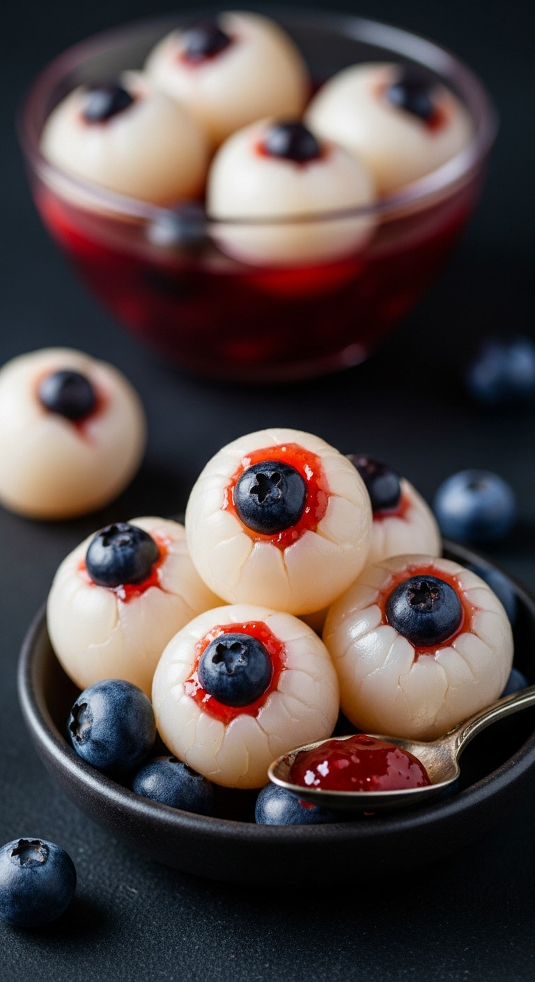 Creepy Halloween Lychee Eyeballs With Red Jam And Blueberry Pupils In A Dark Ceramic Bowl With Punch Bowl Background