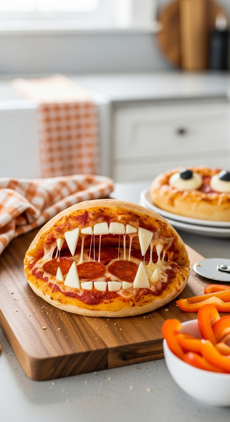Creepy Halloween Monster Mouth Pizza With Bubbling Cheese, Pepperoni, Bell Pepper Lips, Mozzarella Teeth On A Rustic Board.