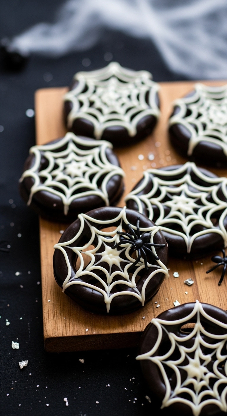 Creepy Halloween Spiderweb Pretzels: Black Chocolate-Coated Twists With White Webs, Plastic Spider, On Dark Wood Board.