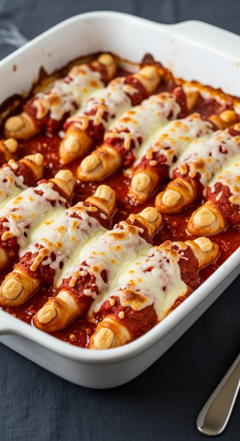 Creepy Monster Hands Chicken With Marinara Blood And Melted Mozzarella In A White Baking Dish