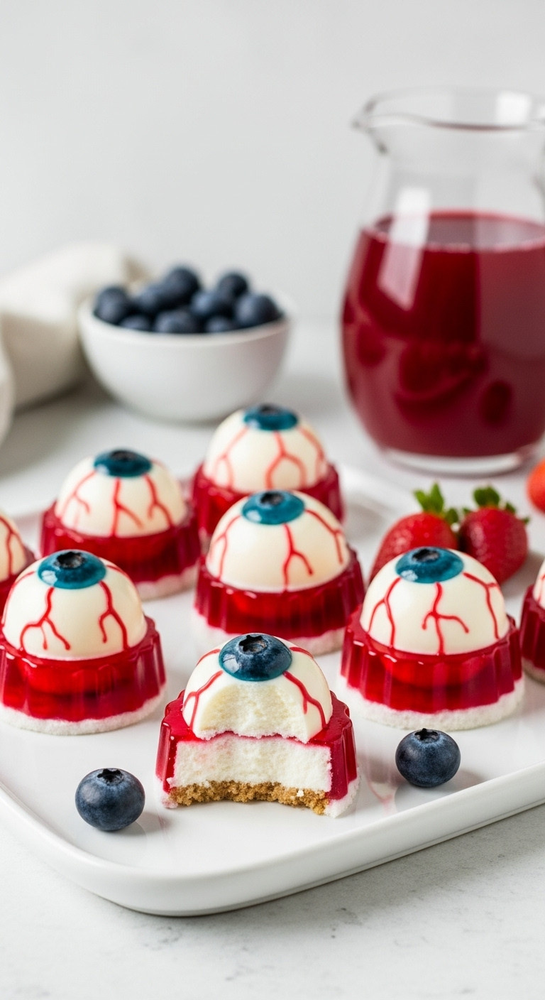 Creepy No-Bake Eyeball Cheesecake Bites With Lychee Blueberry Iris And Red Veins On A White Platter