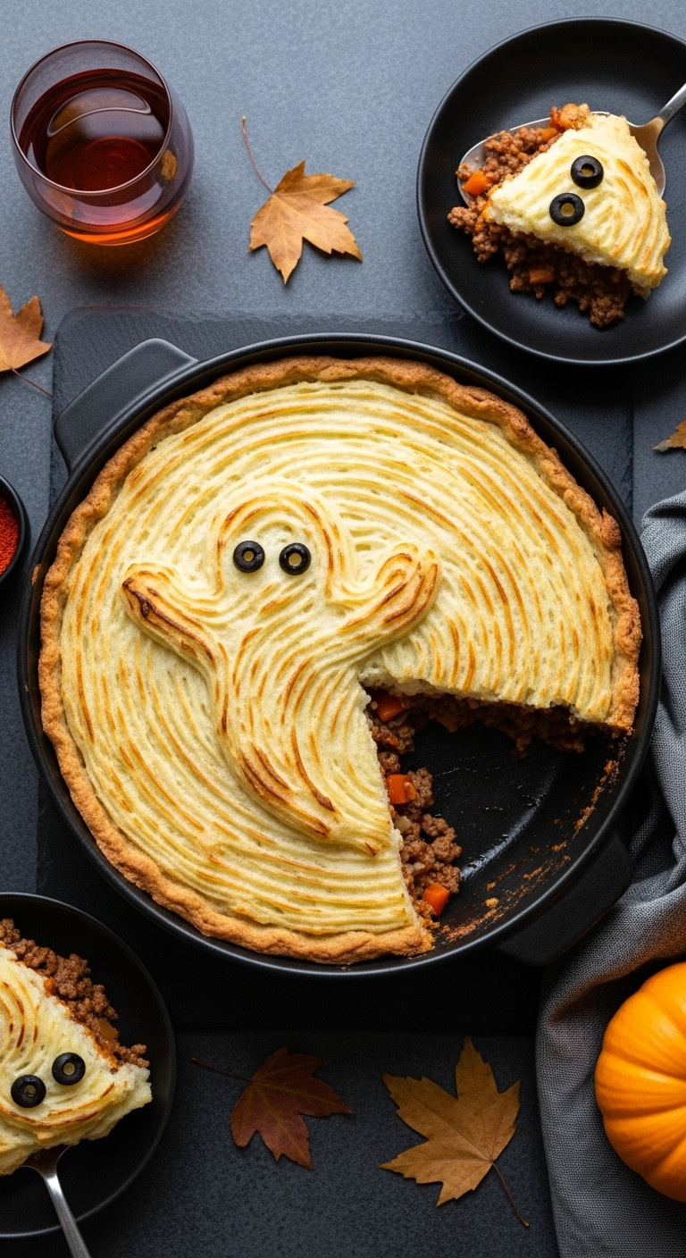 Creepy Shepherd's Pie With Ghost-Shaped Mashed Potato Topping On A Dark Casserole Dish With Fall Leaves And A Pumpkin