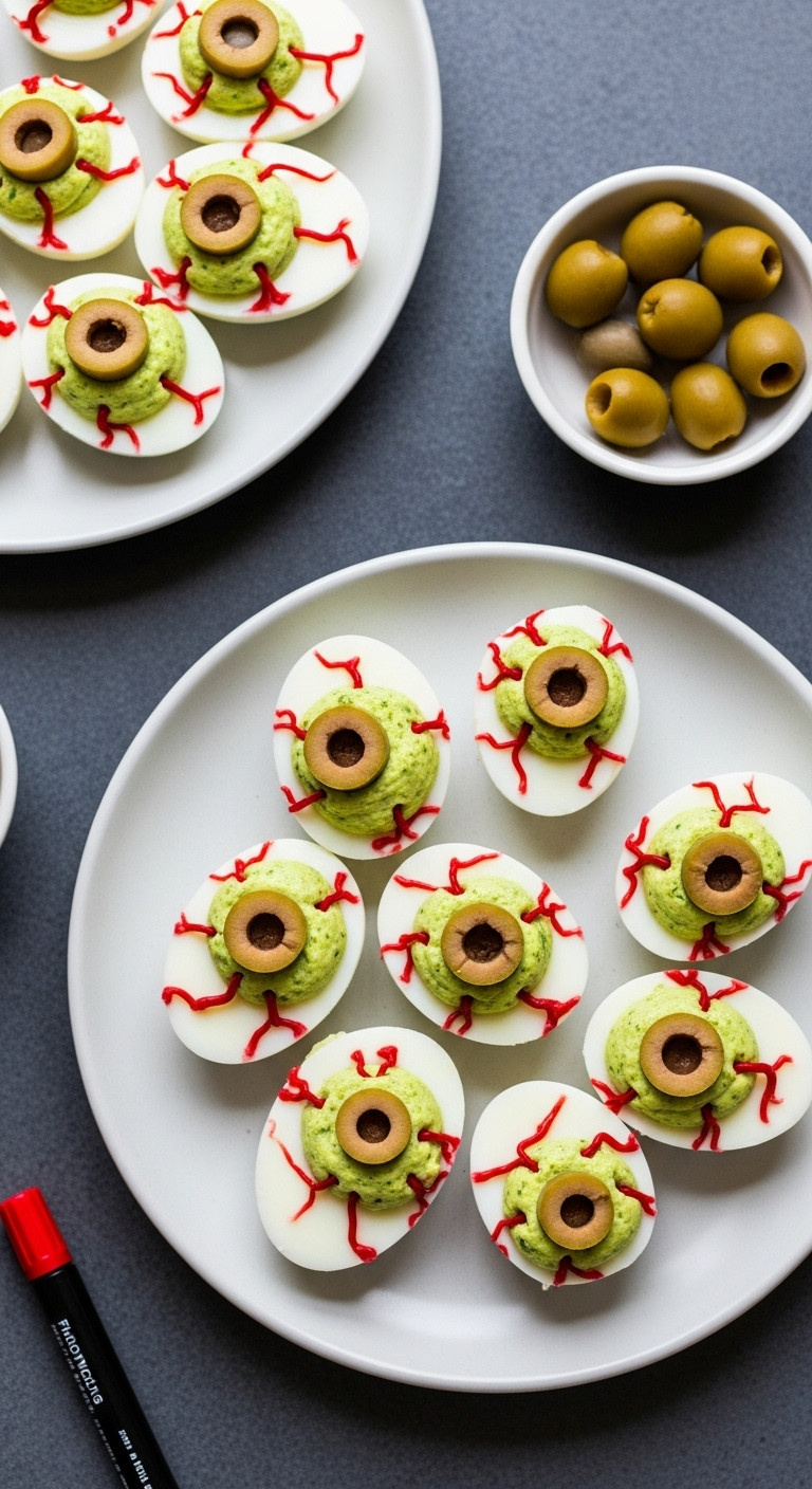 Creepy Bloodshot Eyeball Deviled Eggs On A White Plate With Green Olive Irises Perfect For Halloween Party Food And Recipes