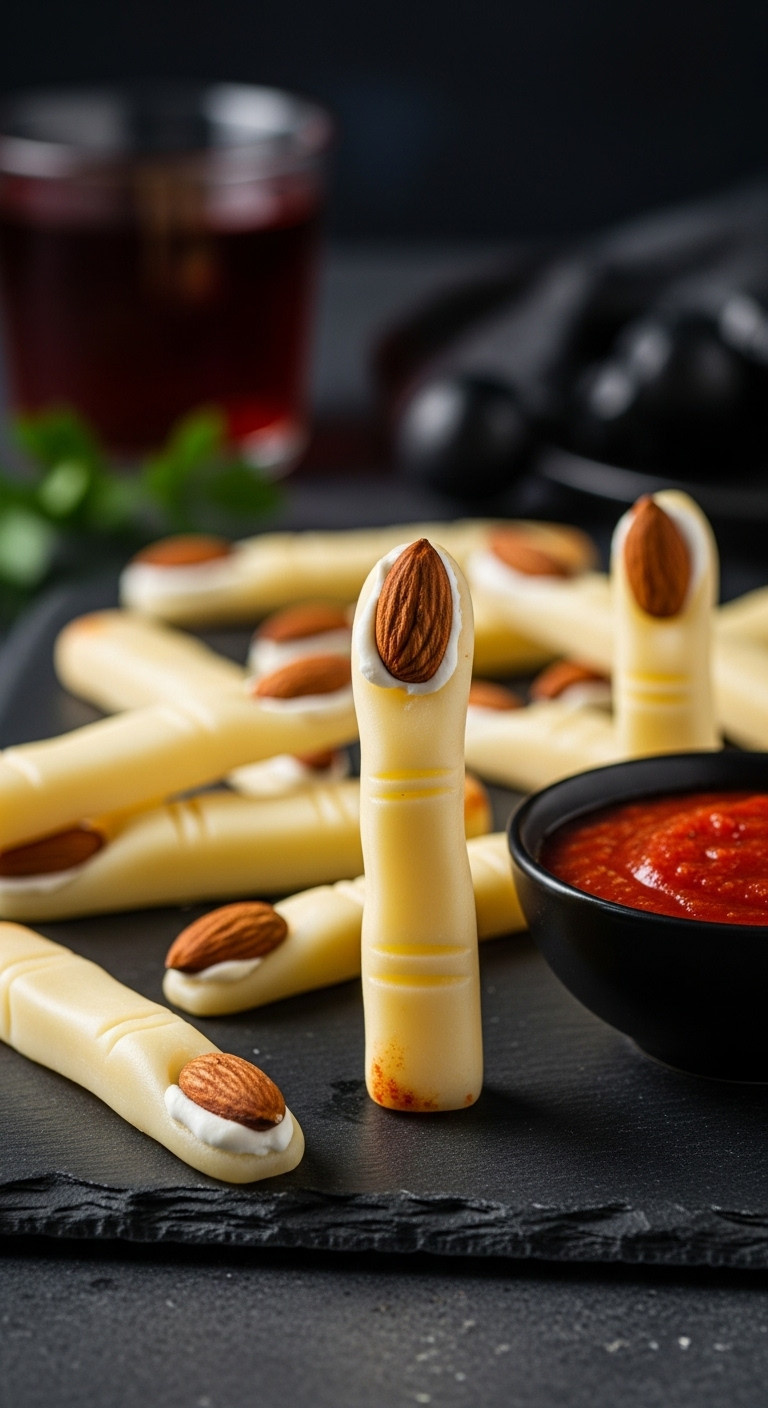 Creepy Cheesy Witch Fingers Made From String Cheese With Almond Fingernails On Dark Slate Board