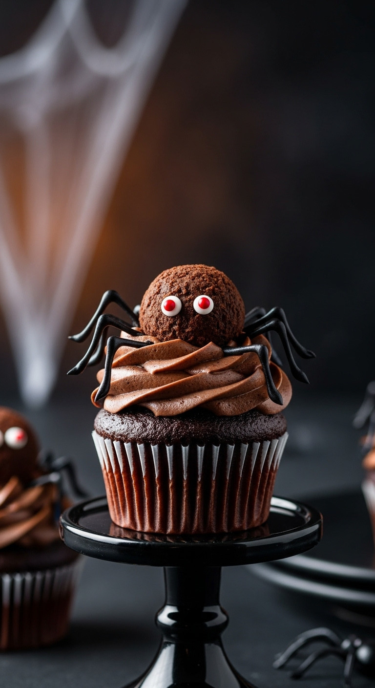 Creepy Crawler Spider Cupcake With Chocolate Truffle Body Black Icing Legs And Red Candy Eyes On A Black Cake Stand