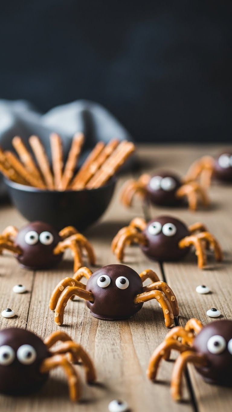 Creepy Crawly Pretzel Spiders With Chocolate Coating And Candy Eyes Arranged On Rustic Wooden Surface