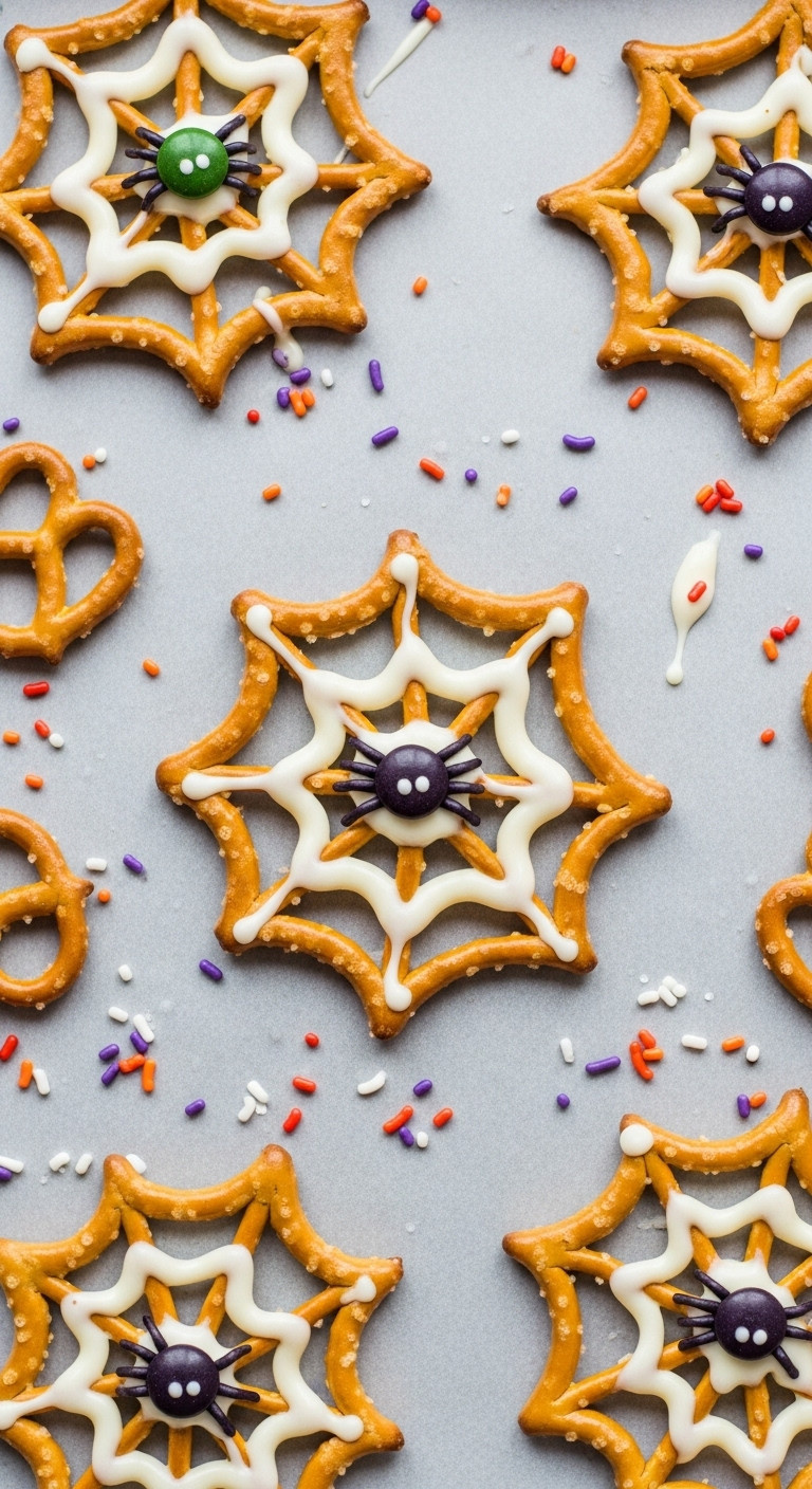 Creepy Crawly Pretzel Spiderwebs With Melted White Candy And An M&Amp;M Spider On Parchment Paper