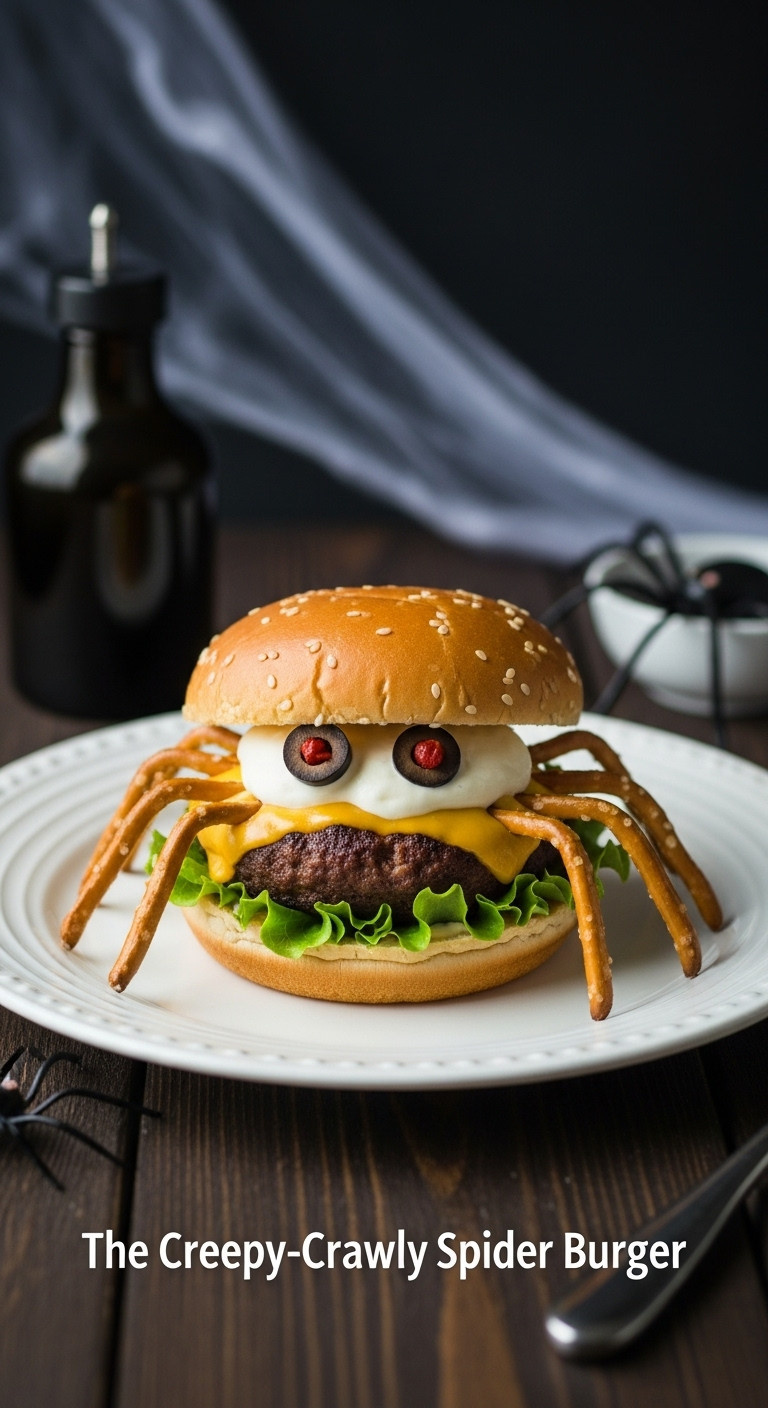 Creepy-Crawly Spider Burger With Pretzel Stick Legs And Olive Eyes On A White Plate With A Dark Background And Subtle Spiderweb