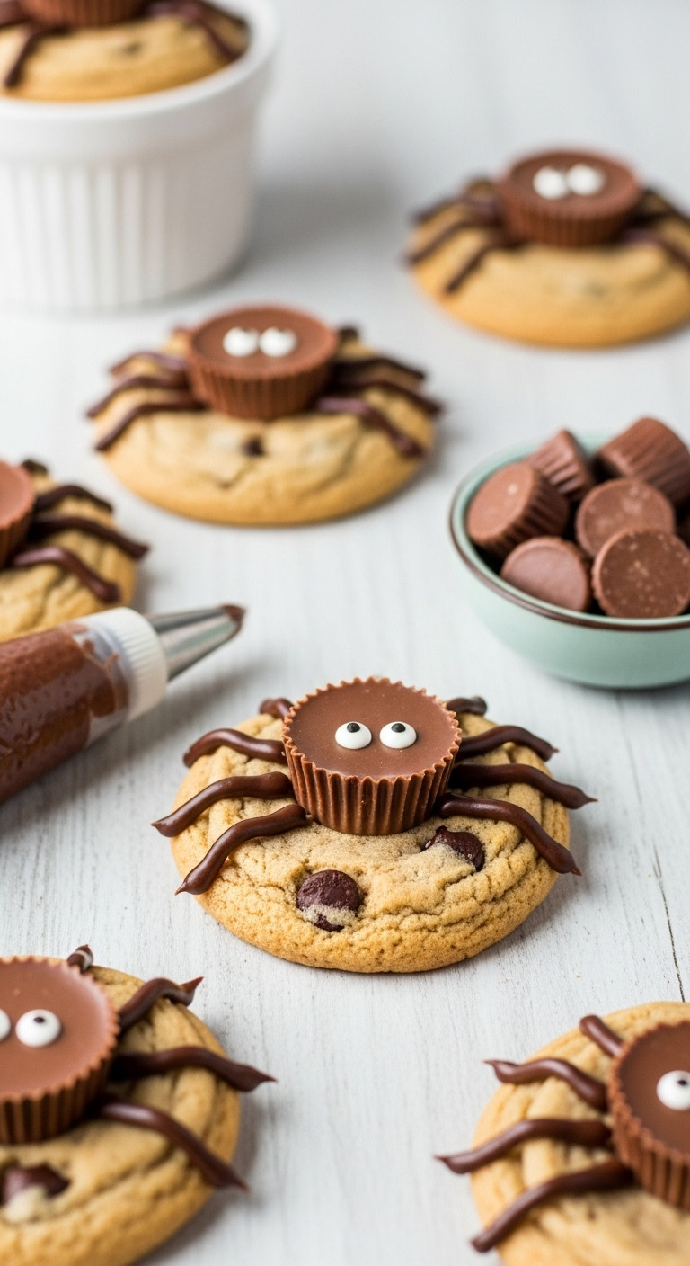 Creepy Crawly Spider Cookies With Mini Peanut Butter Cup Bodies Piped Chocolate Legs And Candy Eyes On A Rustic Wooden Surface