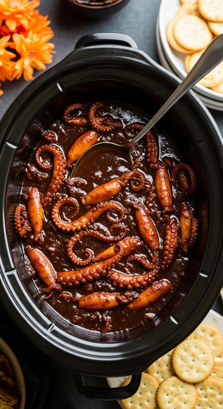 Creepy-Crawly Wee Squiddies Simmering In Barbecue Sauce In A Black Slow Cooker With Crackers On A Party Buffet