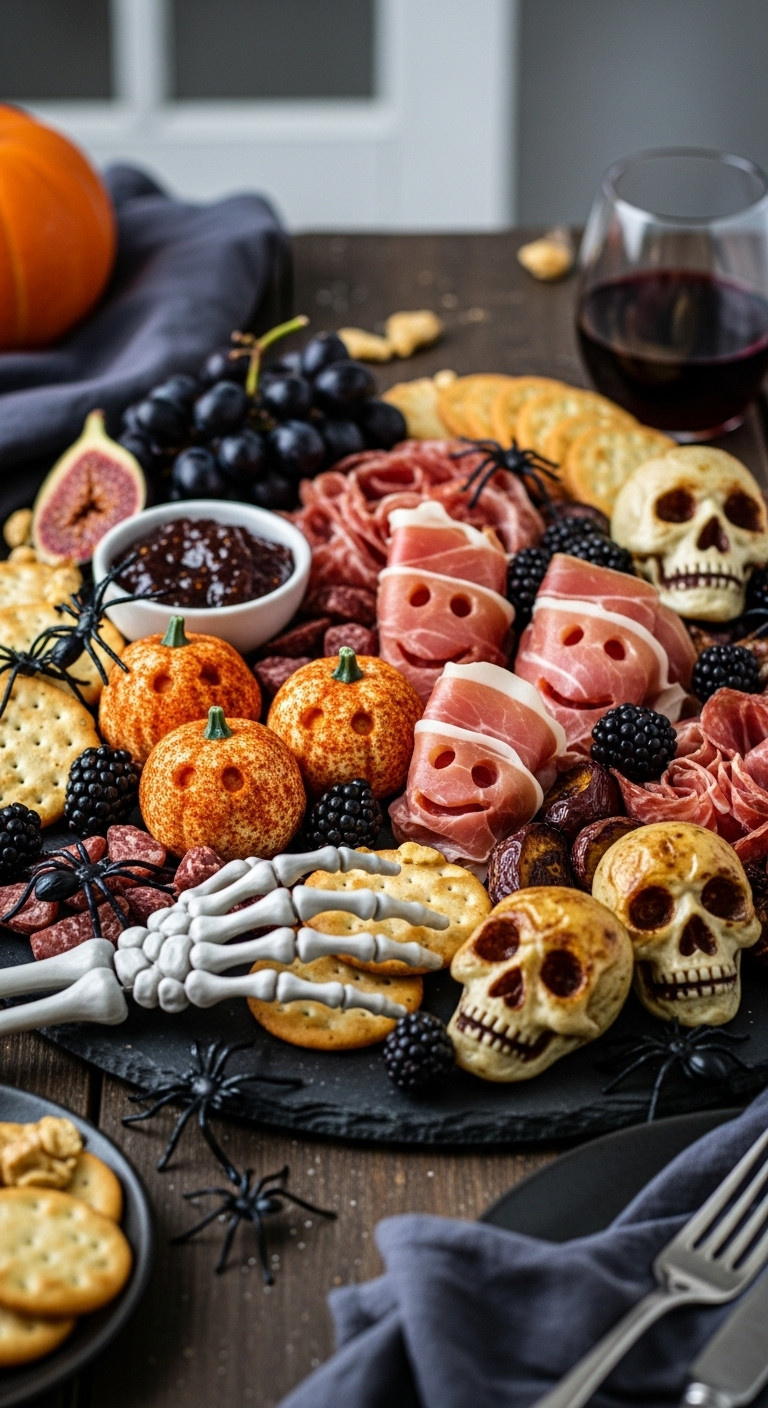Creepy Creative Charcuterie Board With Prosciutto Cheese Balls Skeleton Hand Skull Potatoes And Toy Spiders