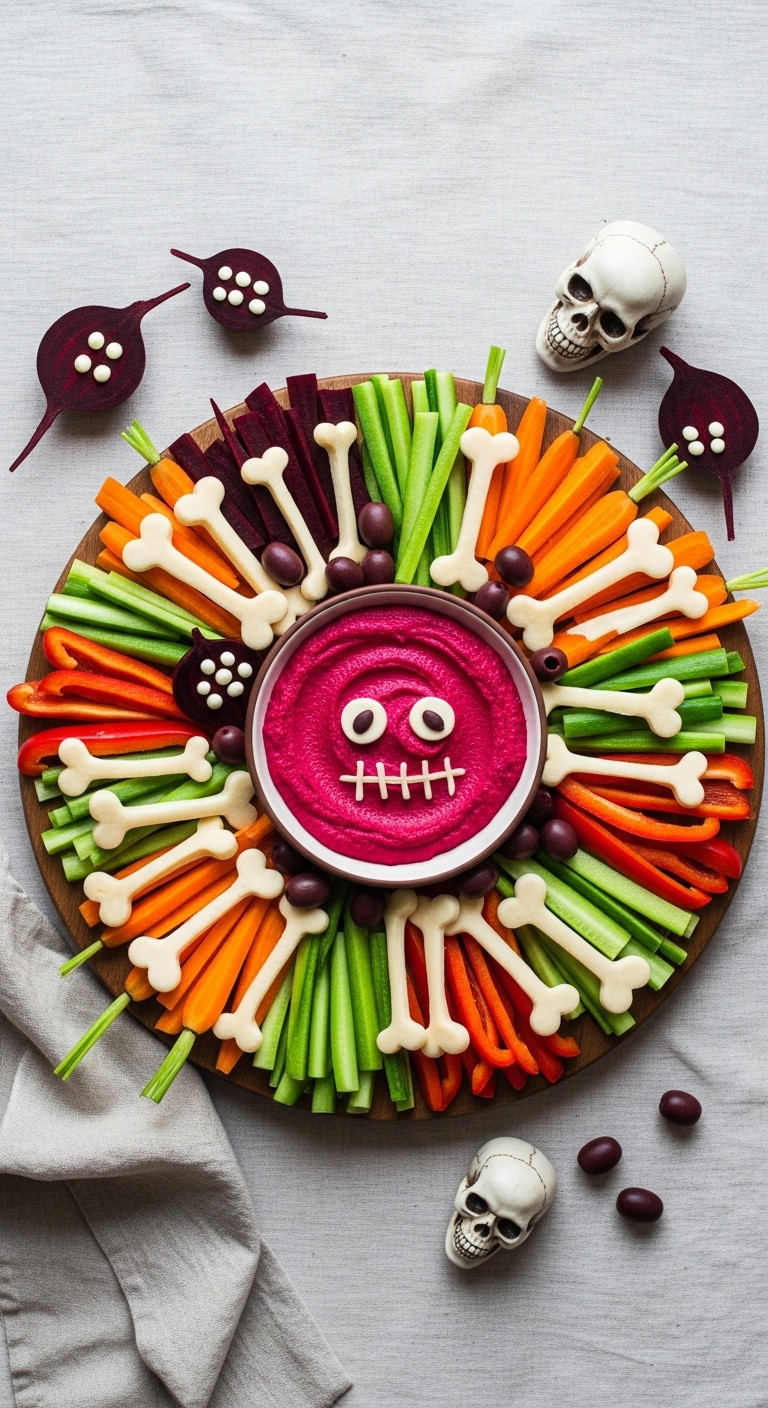 Creepy Crudités Platter With Vibrant Beet Hummus Carrot Fingers And Bell Pepper Bones On A Wooden Board