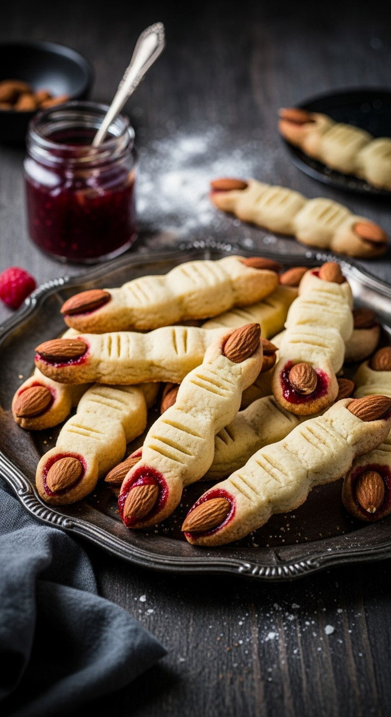 Creepy Cute Classic Witch Finger Cookies With Almond Fingernails And Jam On A Vintage Silver Tray