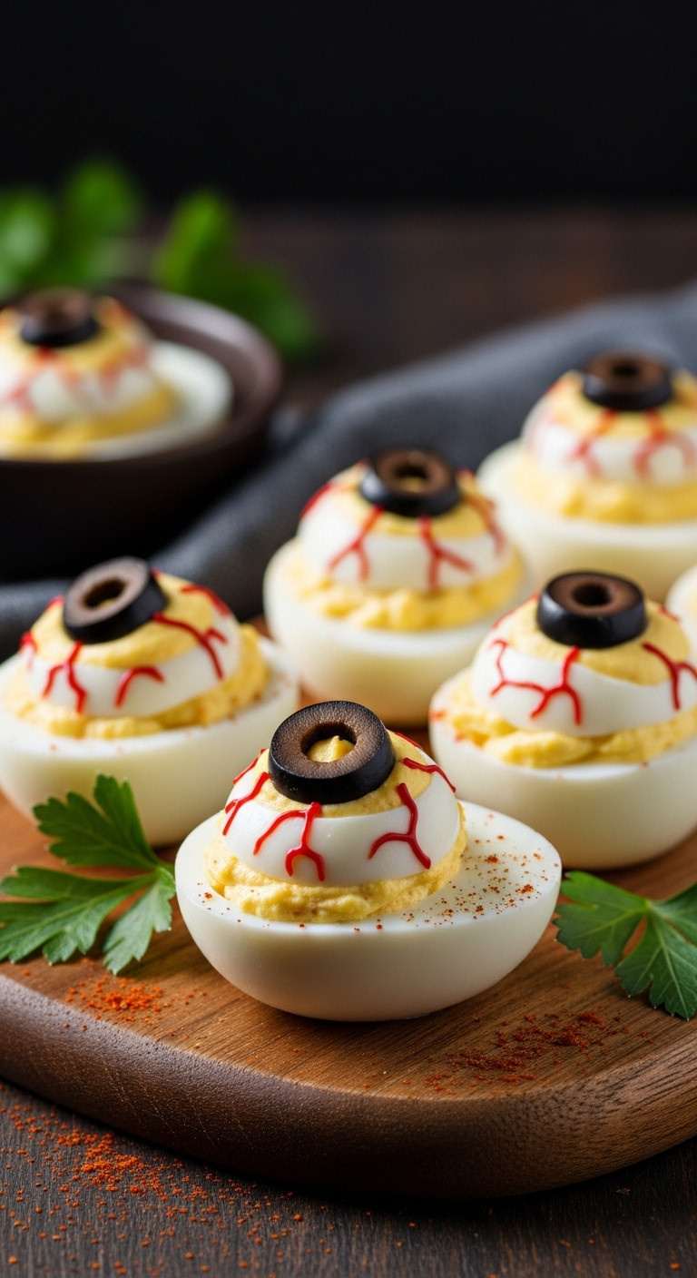 Creepy Deviled Eyeballs With Sliced Olive Iris And Red Food Coloring Veins On A Rustic Wooden Board