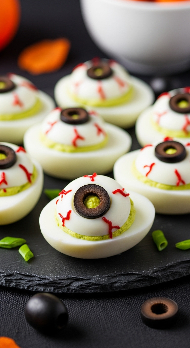 Creepy Eyeball Deviled Eggs With Green Yolk Filling Black Olive Pupil And Red Veins On A Dark Slate Platter