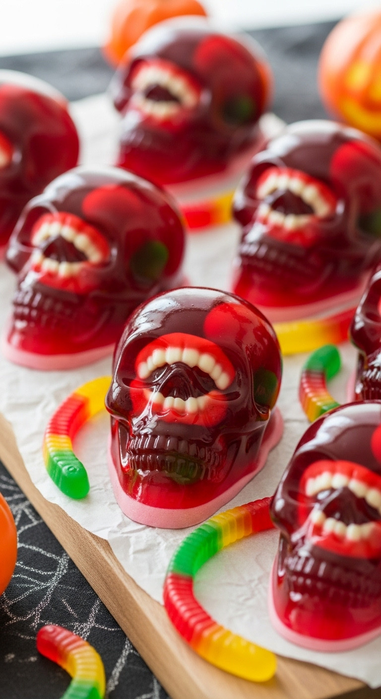 Creepy Jello Skulls With Gummy Worms And Gummy Teeth Suspended Inside On A Rustic Wooden Board Perfect For Spooky Recipes