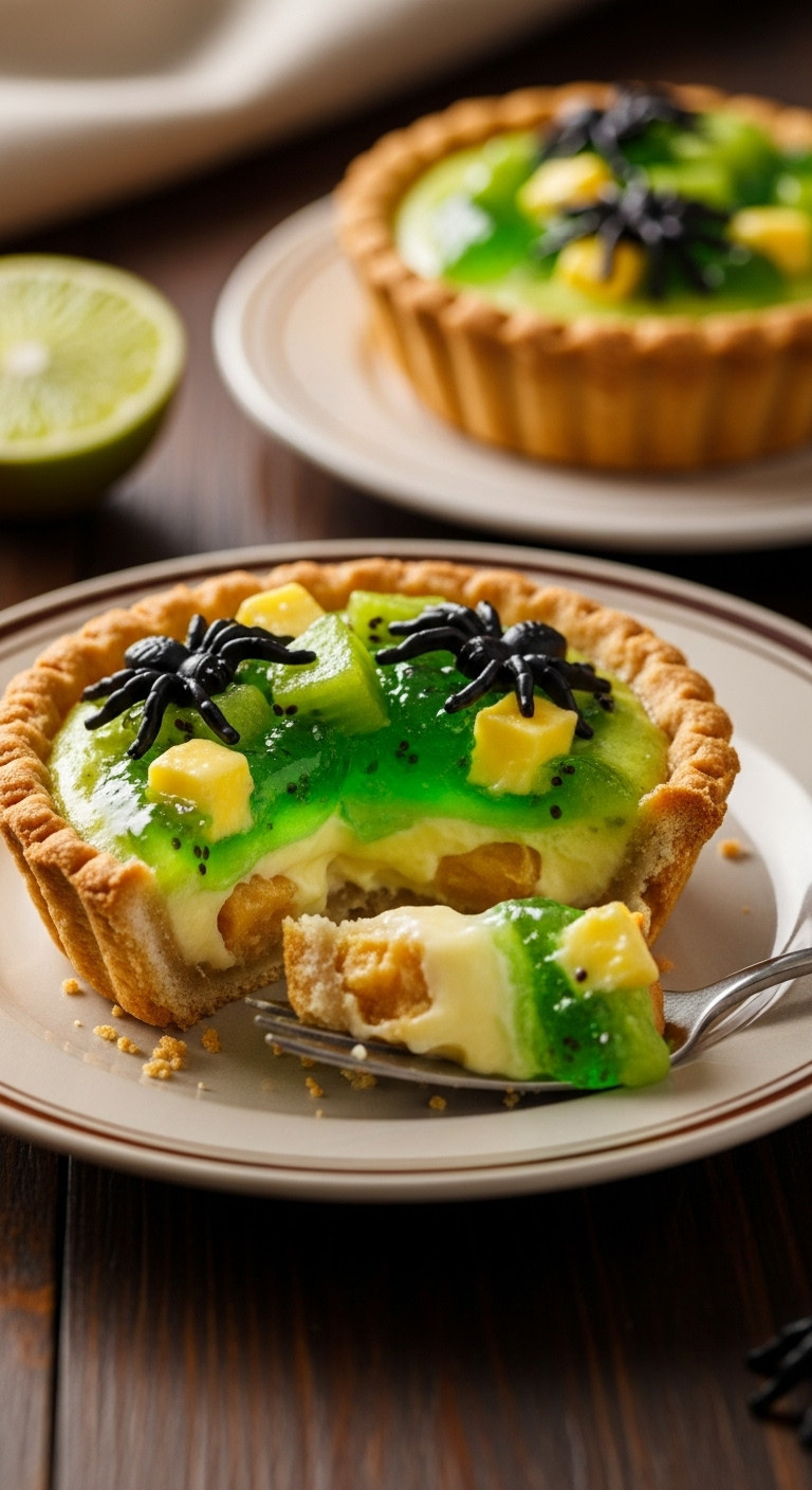Creepy Kiwi Slime Pie With Green Jelly Custard And Gummy Spiders On A Vintage Plate Perfect For Spooky Halloween Recipes