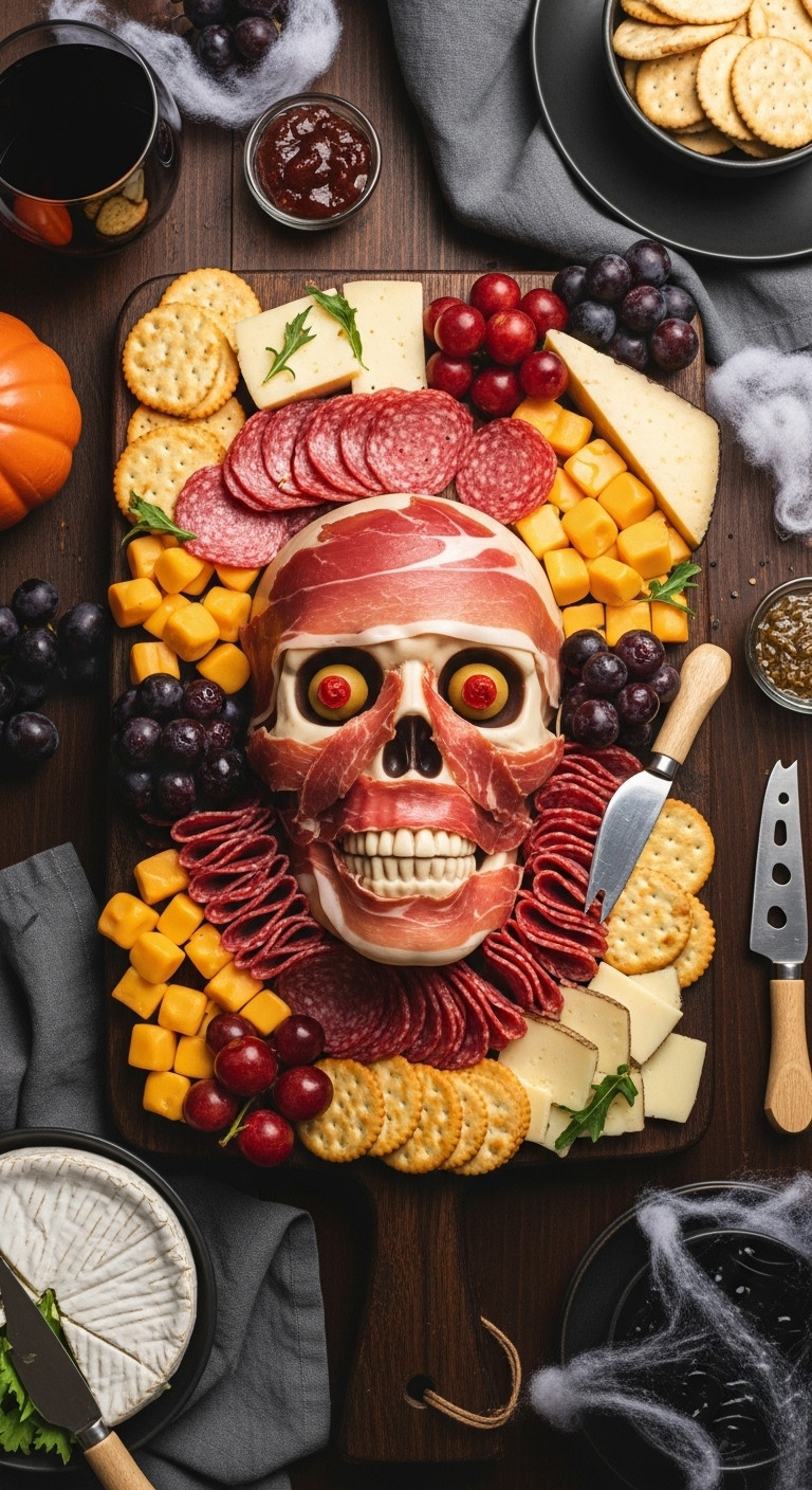 Creepy Prosciutto Face Charcuterie Board With Olive Eyes Cheeses Crackers And Fruits On A Dark Wood Table For Halloween