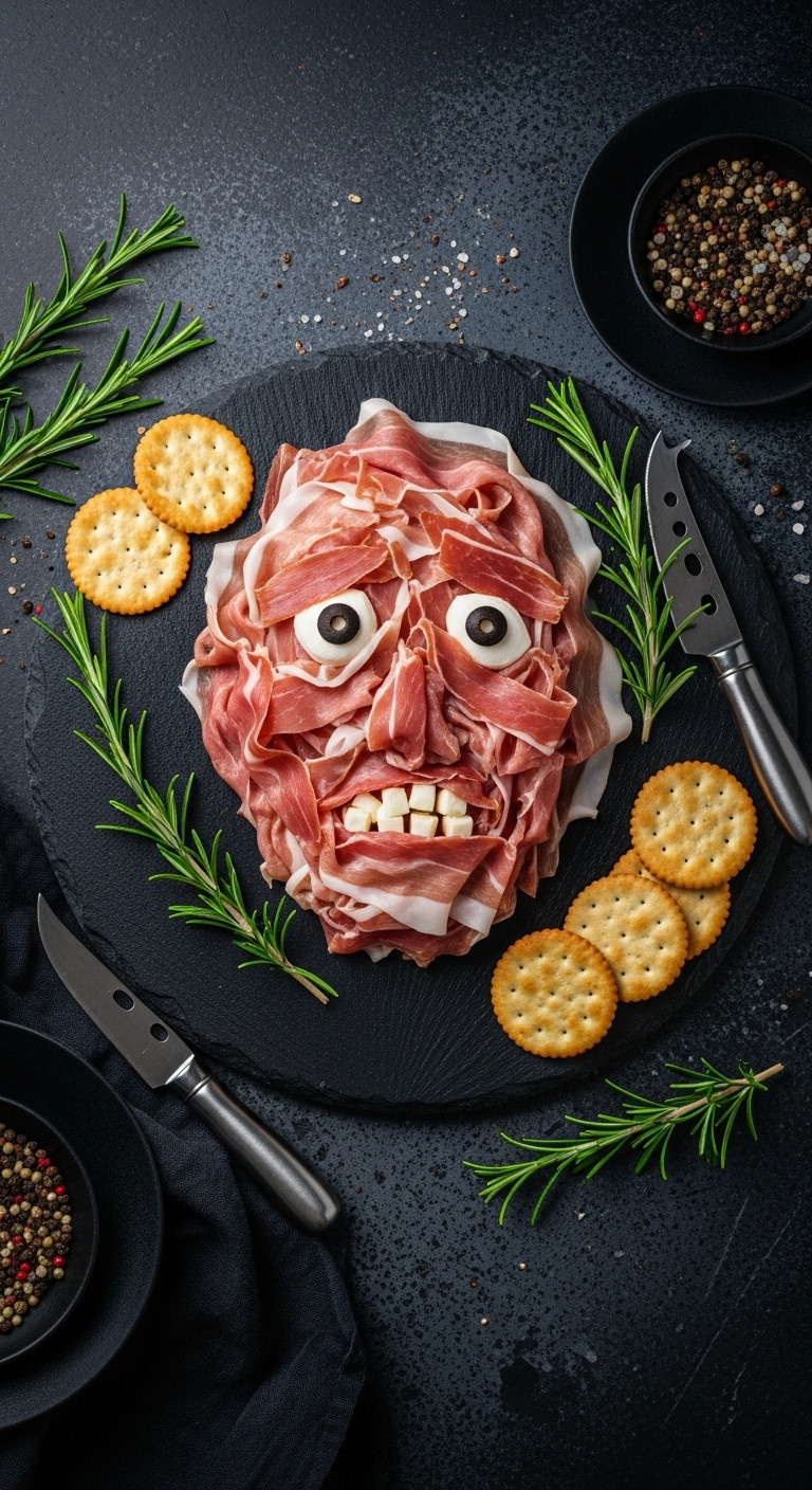 Creepy Prosciutto Face With Mozzarella And Olive Eyes On A Large Slate Serving Board For Sophisticated Halloween Finger Food