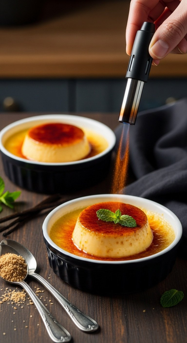 Crème Brûlée In Ramekins With Caramelized Amber Sugar Crust. Vanilla Flecks, Mint, Dark Wood. Elegant, Dramatic Side Light.