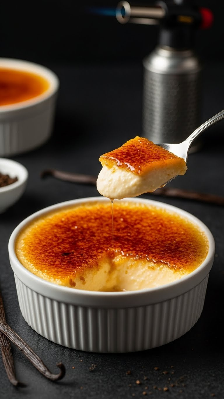 Crème Brûlée In White Ramekin With Fractured Caramelized Sugar Crust On Dark Granite. Elegant French Dessert With Vanilla Bean.