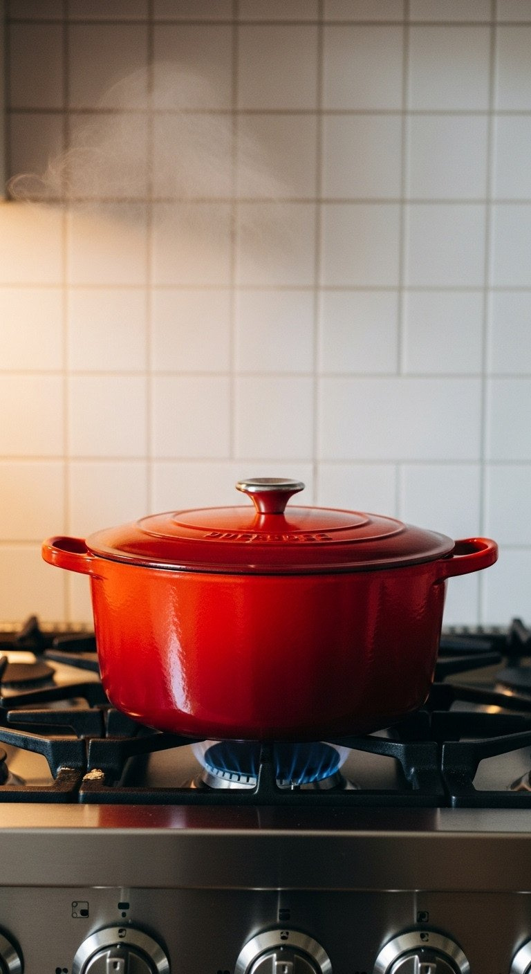 Crimson-Red Enamel Dutch Oven On A Gas Stovetop With Steam Rising, Evoking A Cozy And Inviting Home Cooking Scene.