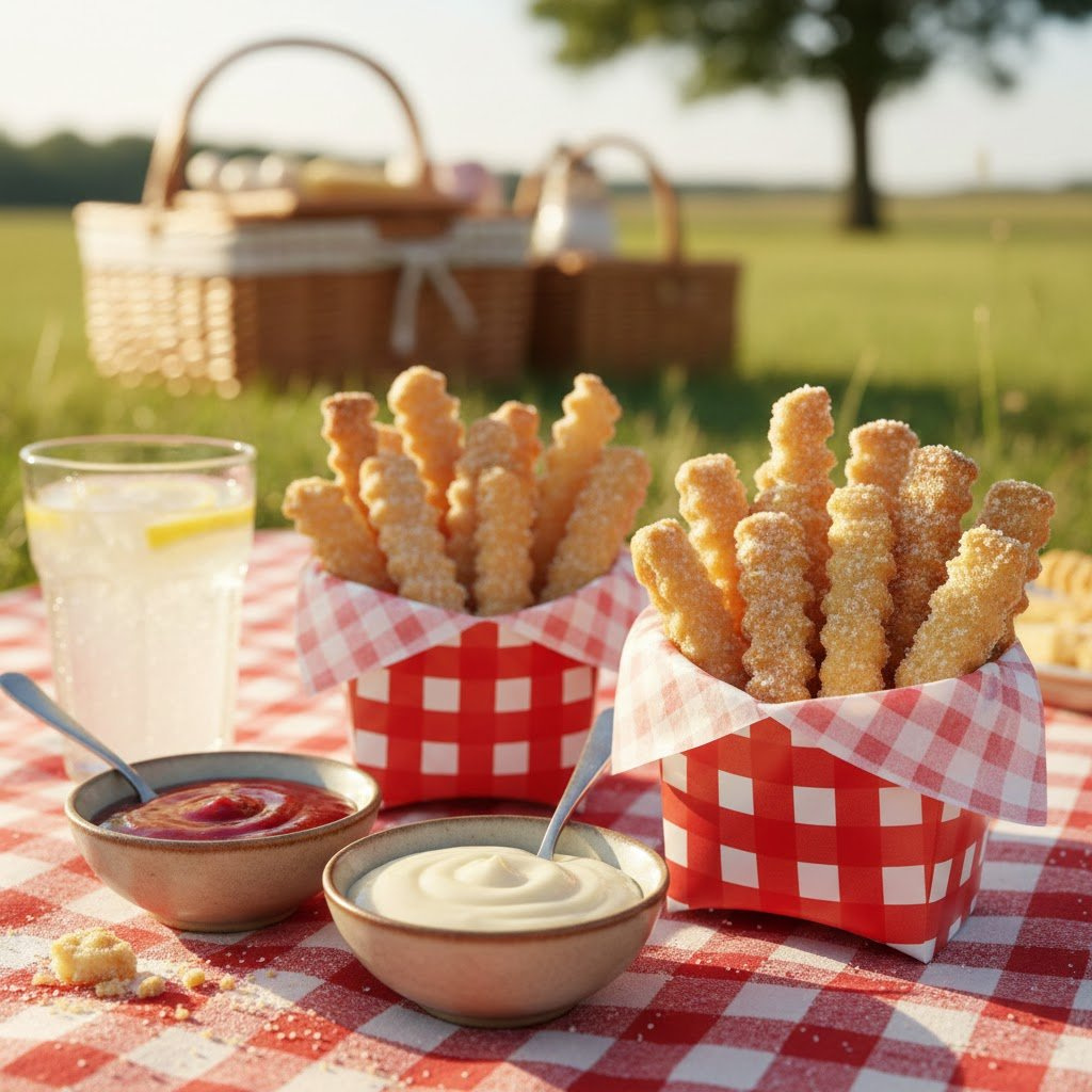 Crinkle Cut Cookie Fries In Miniature Containers With Dipping Sauces On Red Checkered Tablecloth.