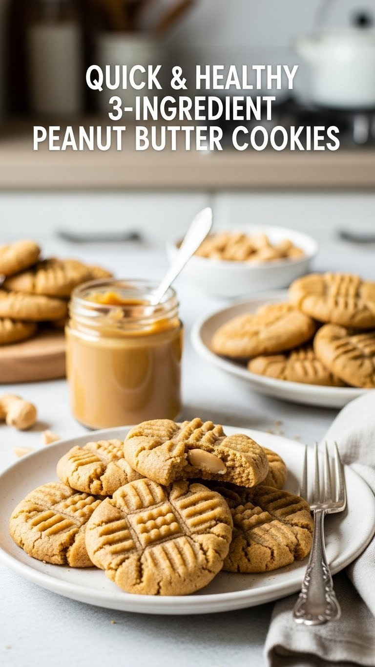Crinkle-Top Peanut Butter Cookies With Fork Marks On Vintage Ceramic Plate With Peanut Butter Jar And Linen Napkin