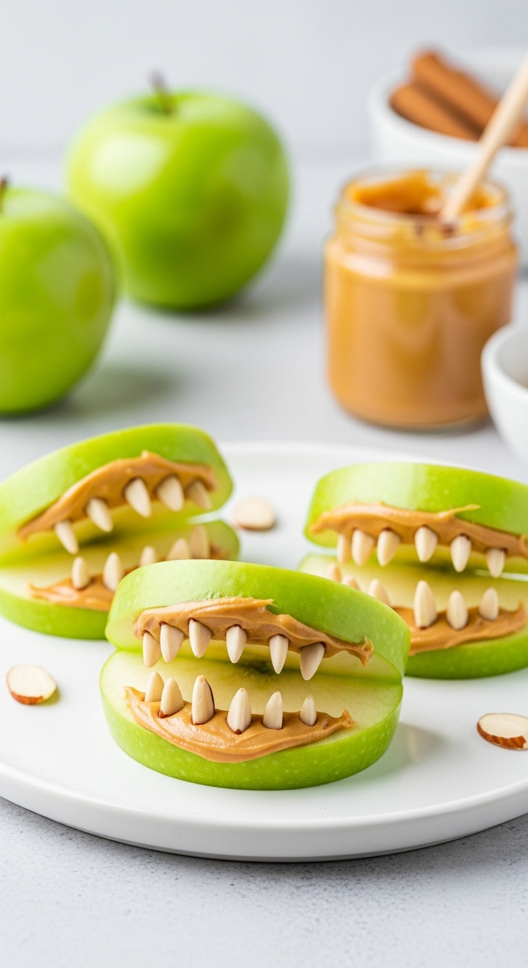 Crisp Apple Monster Jaws On A White Plate With A Green Apple And Peanut Butter In Bright Daylight
