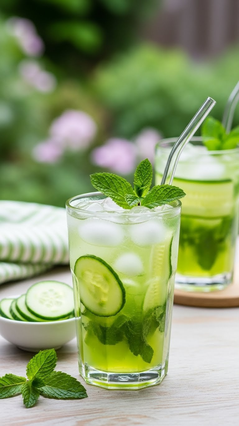 Crisp Cucumber Mint Cooler Mocktail With Cucumber Ribbons And Mint Leaves In Tall Glass On Garden Table