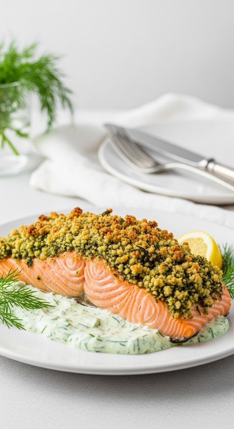 Crisp Herb-Crusted Salmon On Creamy Dill Sauce, White Plate, With Lemon And Fresh Dill. Elegant Roasted Fish Dinner.
