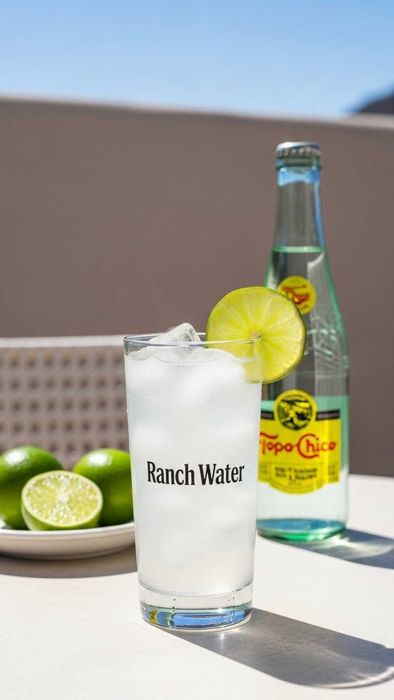 Crisp Ranch Water Cocktail With Lime Wedge In Tall Highball Glass On Sun-Drenched Patio Table