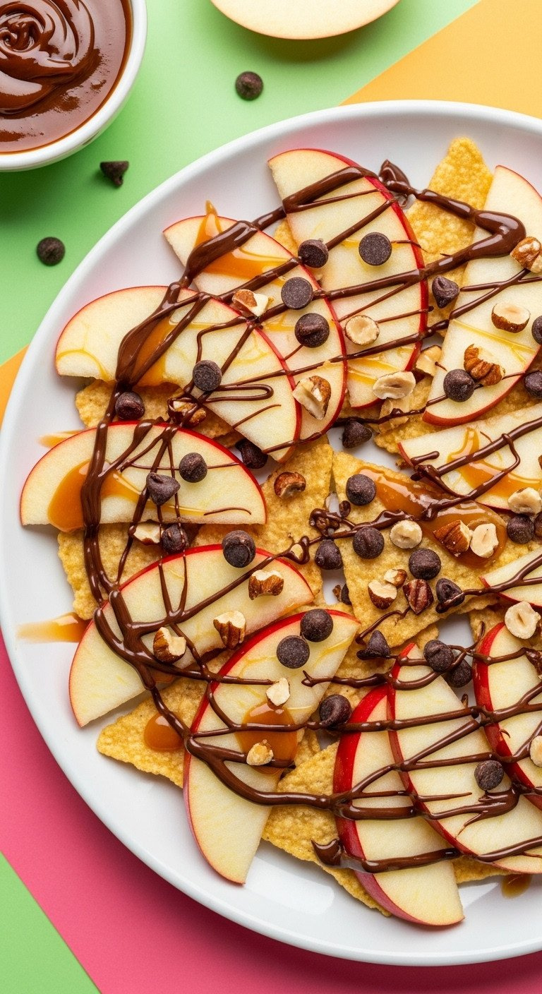 Crisp Apple Nachos With Caramel, Chocolate Drizzle, Mini Chips, And Nuts On A White Plate.