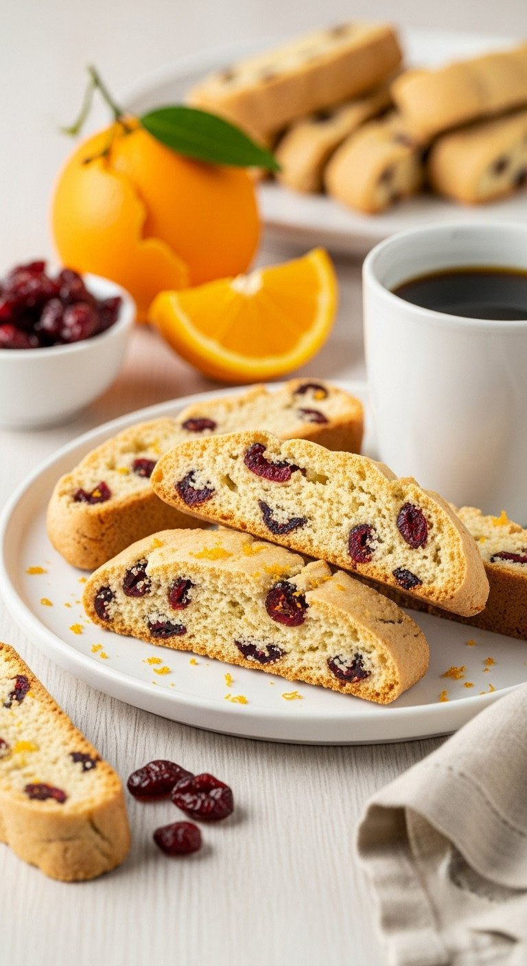 Crisp Cranberry Orange Biscotti Slices With Dried Cranberries And Orange Zest Served On A White Plate Next To Coffee.