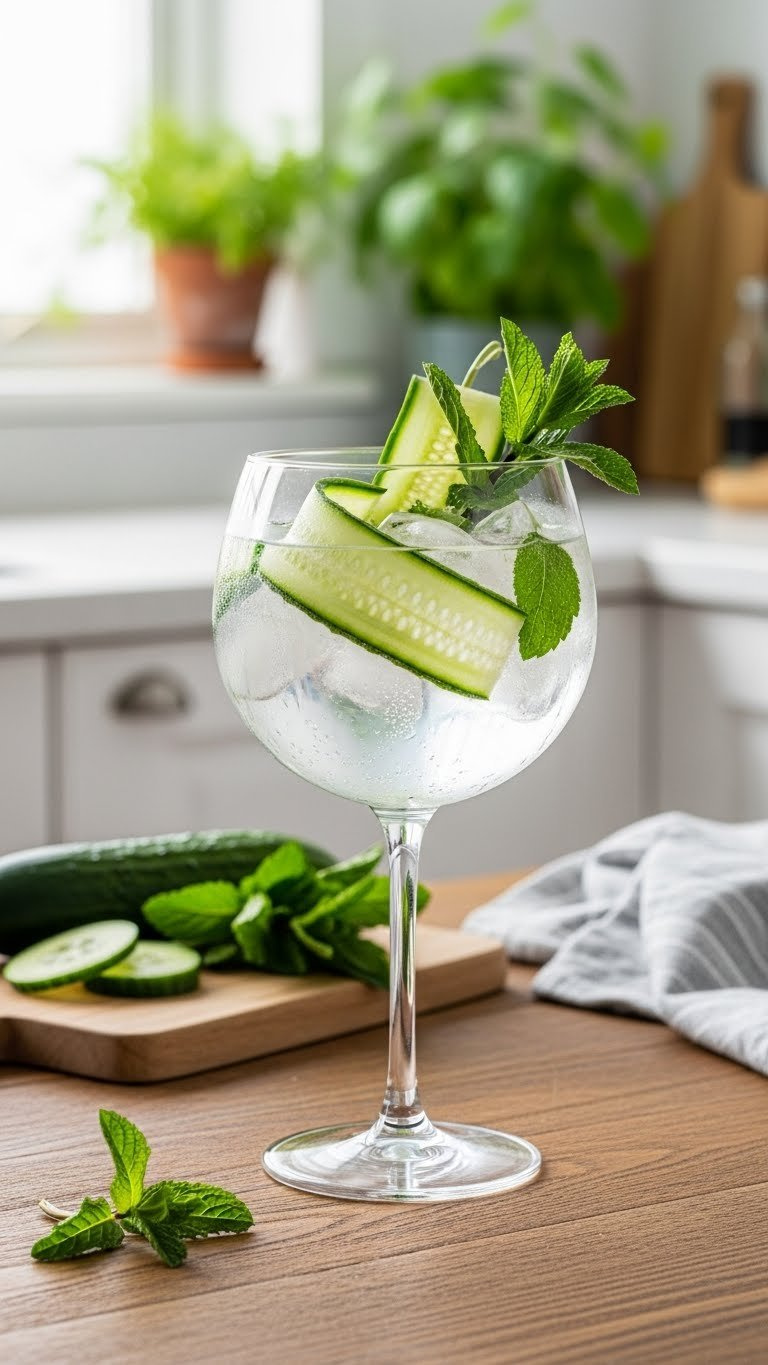 Crisp Cucumber Mint Tonic Mocktail In Balloon Glass With Cucumber Ribbons And Mint Leaves On Wooden Table