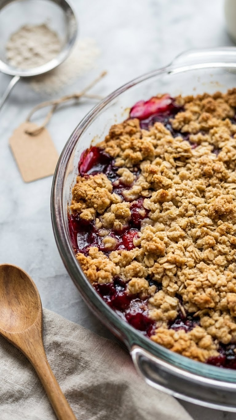 Crisp Golden Gluten-Free Fruit Crumble With Oat Flour Topping, Gf Label, Sifter, And Wooden Spoon On Marble Countertop.