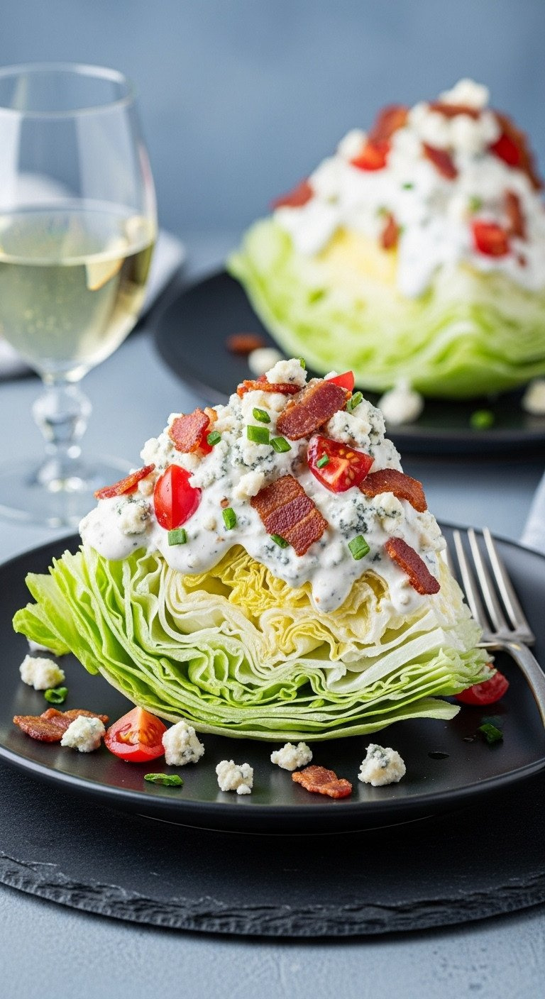 Crisp Iceberg Wedge Salad With Creamy Blue Cheese Dressing, Bacon Crumbles, And Tomatoes On A Dark Plate.