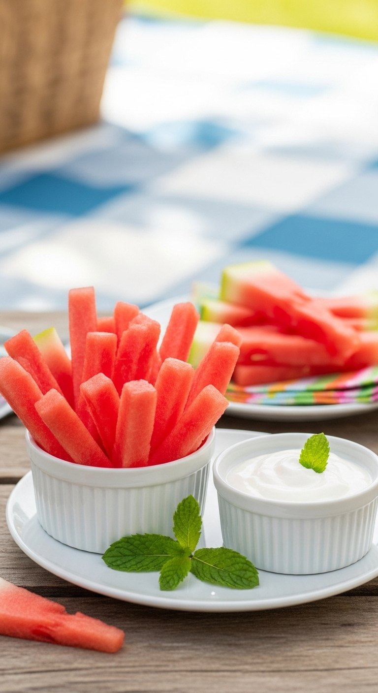 Crisp Watermelon Fries Arranged In A White Bowl Served With Creamy Yogurt Dip And Mint Garnish.